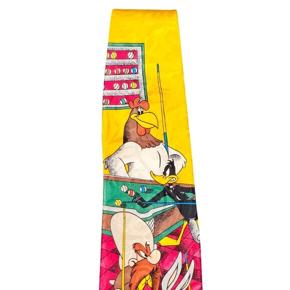 Vtg Looney Tunes Silk Tie Playing Pool Bugs Daffy Foghorn Yosemite 1992 Italy - Picture 3 of 6